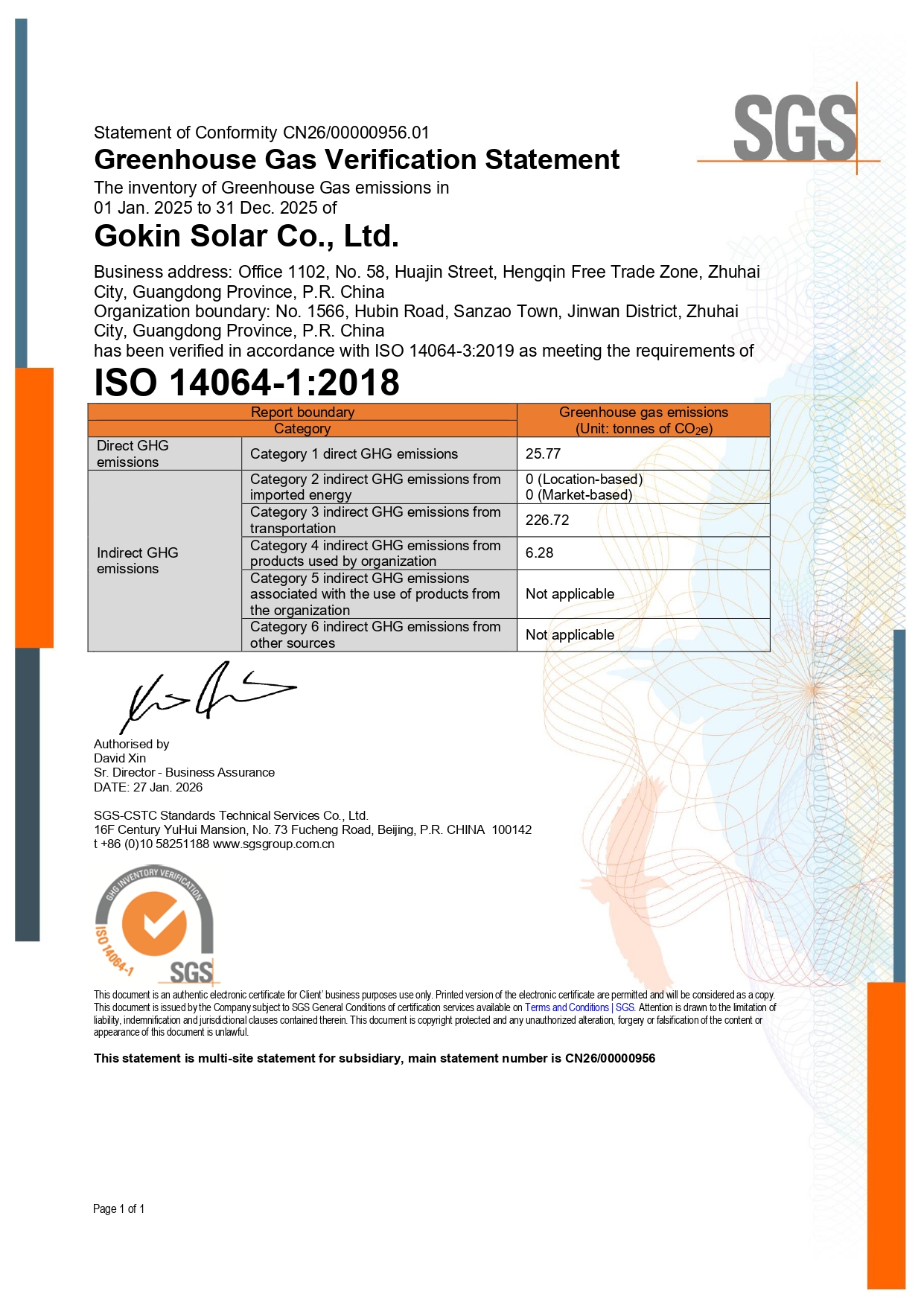 ZSN240229 - Gokin Solar Co., Ltd. Greenhouse Gas Verification Statement
