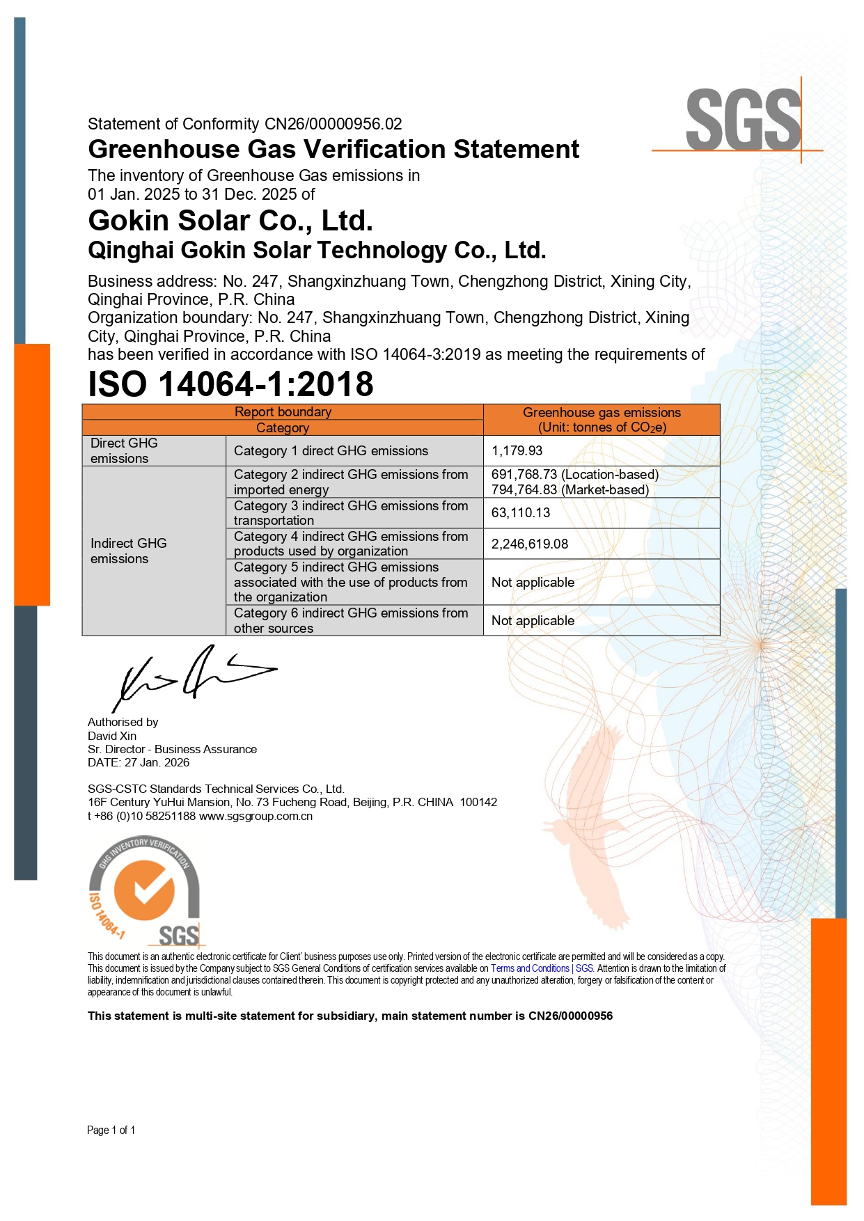 ZSN240229 - Qinghai Gokin Greenhouse Gas Verification Statement
