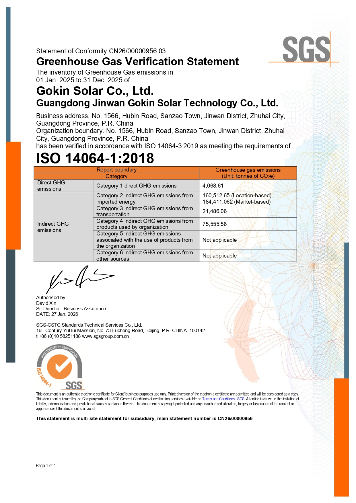 ZSN240229 - Jinwan Gokin Greenhouse Gas Verification Statement