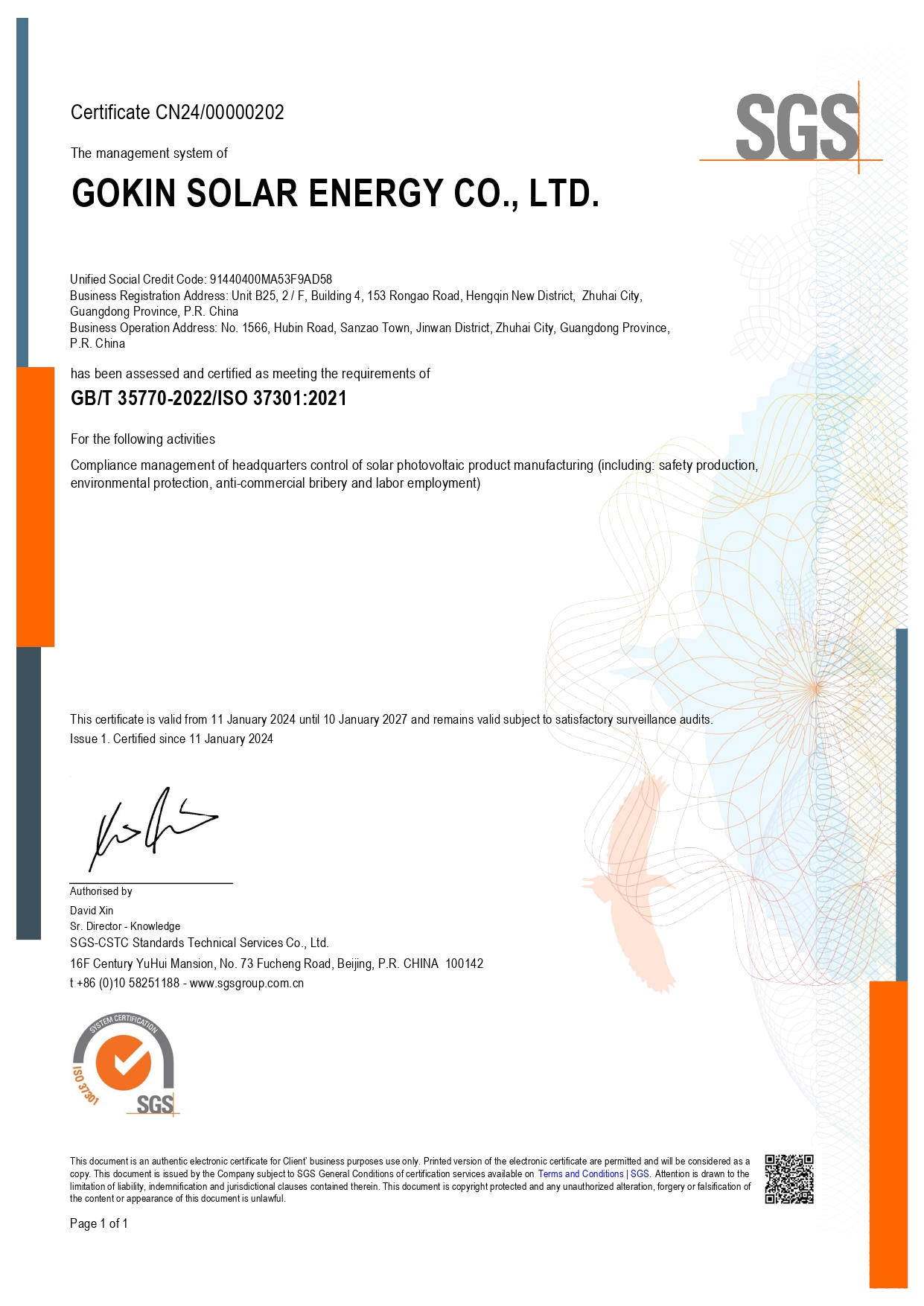 ISO 37301 Compliance Management System Certification Certificate